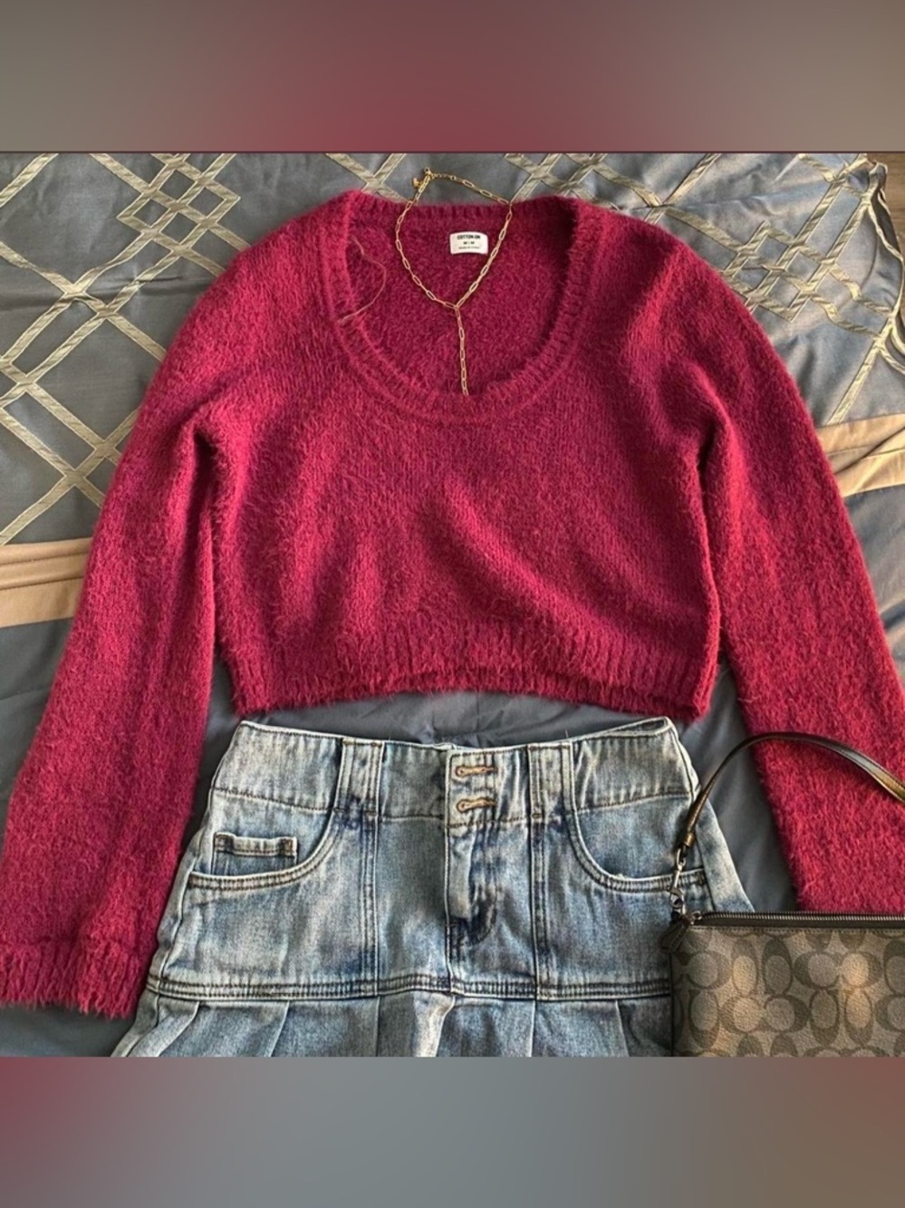 Cotton On Deep Raspberry Scoop Neck Cropped Fuzzy Sweater